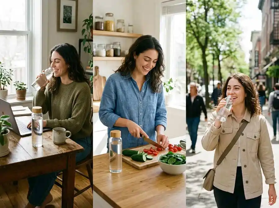 Pessoa bebendo água de garrafinha em momento cotidiano (trabalho, caminhada ou cozinha), luz natural, representando hidratação consciente e prevenção de desidratação.