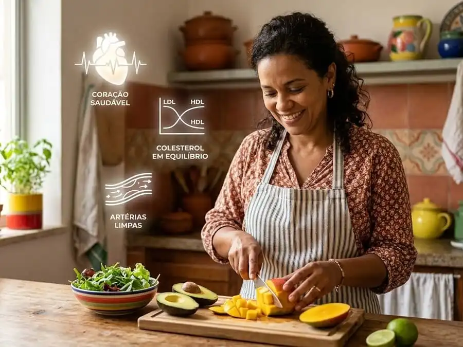 Pessoa preparando manga e abacate em cozinha brasileira, fundo sutil com ícones de coração saudável, luz natural, representando sinergia nutricional para saúde cardiovascular.