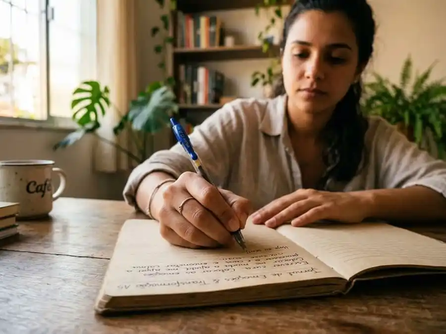 Close de mãos escrevendo em caderno, fundo sutil de reflexão emocional, luz natural em ambiente brasileiro, representando neurônios, regulação emocional e benefícios da escrita para o cérebro
