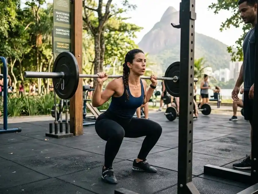 Pessoa executando exercício com técnica e postura correta durante o treino, academia ou parque brasileiro, ilustrando cuidados na atividade física enquanto se exercita.