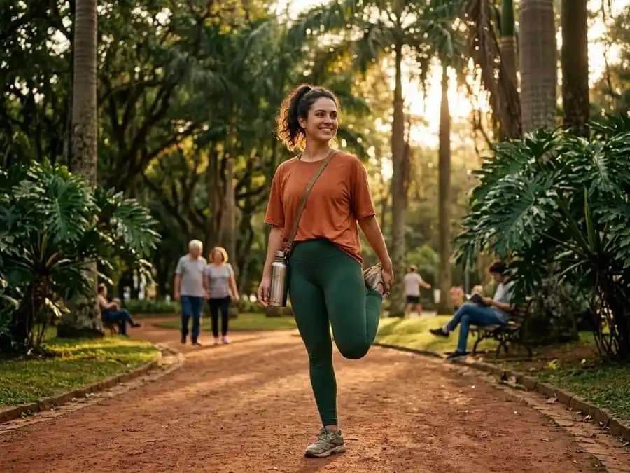 Pessoa com energia e satisfação após treino alinhado ao cronotipo, luz natural em parque ou casa brasileira, simbolizando consistência, motivação e bem-estar ao alinhar exercício ao relógio biológico.