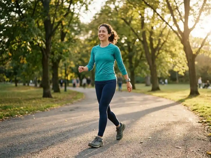 Pessoa caminhando com vitalidade e sorriso, luz dourada do fim de tarde em parque ou rua brasileira, simbolizando manutenção do peso, longevidade e bem-estar através de passos diários.