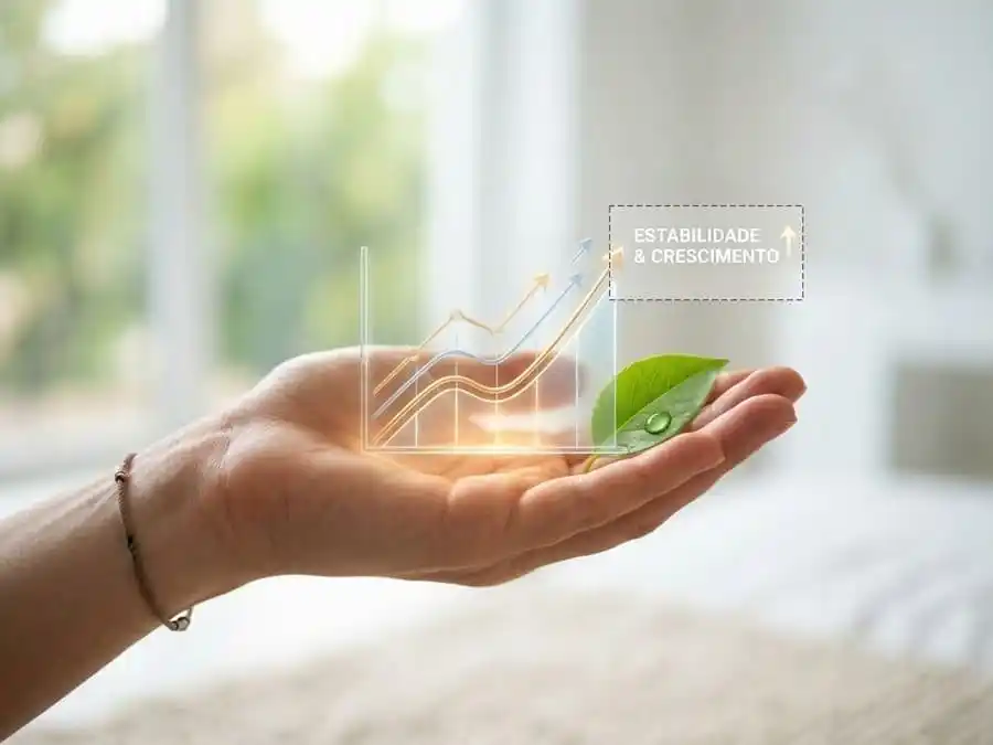 saúde financeira -  Imagem fotorealista e serena de uma mão segurando um gráfico financeiro em ascensão, com uma luz suave e elementos naturais ao redor, simbolizando controle financeiro e bem-estar.