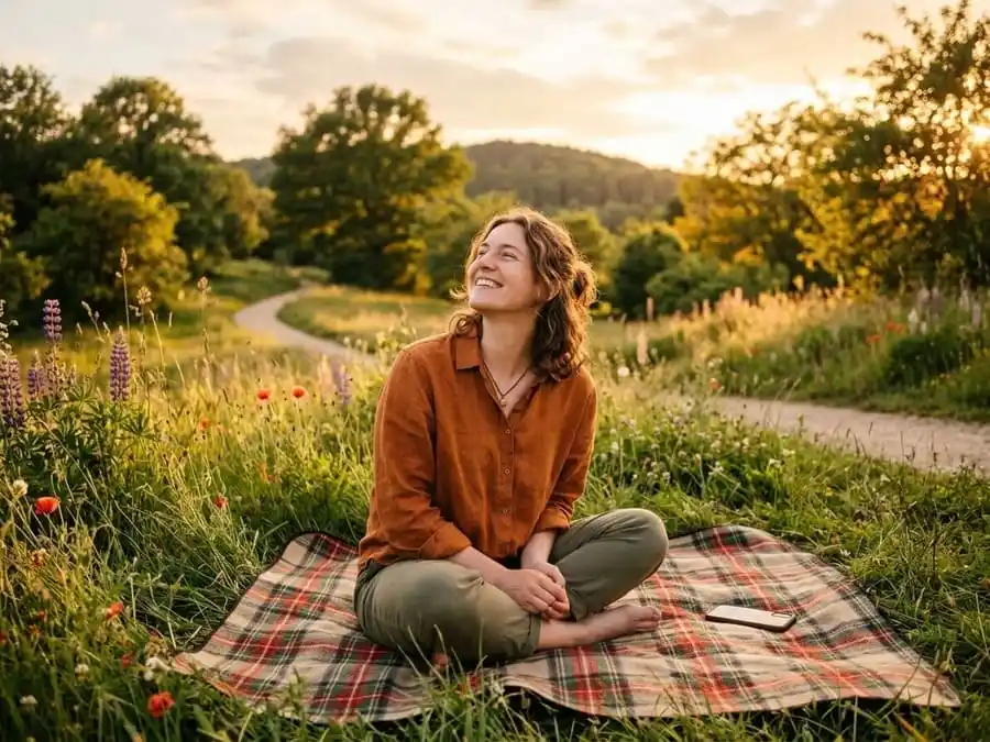 Imagem fotorealista e serena de uma pessoa em um ambiente natural, sorrindo e olhando para cima, com seu smartphone virado para baixo ou guardado, simbolizando a desconexão consciente e a paz interior.