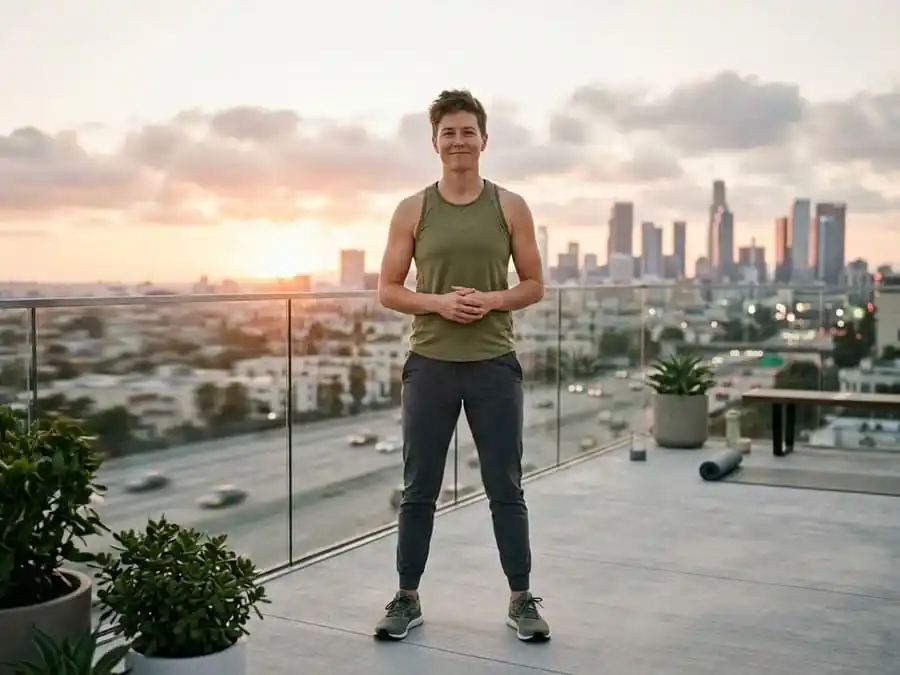 Como Ganhar Massa Muscular. Imagem fotorealista e inspiradora de uma pessoa com físico atlético, sorrindo orgulhosamente e olhando para frente em um espaço aberto iluminado pela luz do sol, simbolizando a transformação corporal e a autoeficácia.