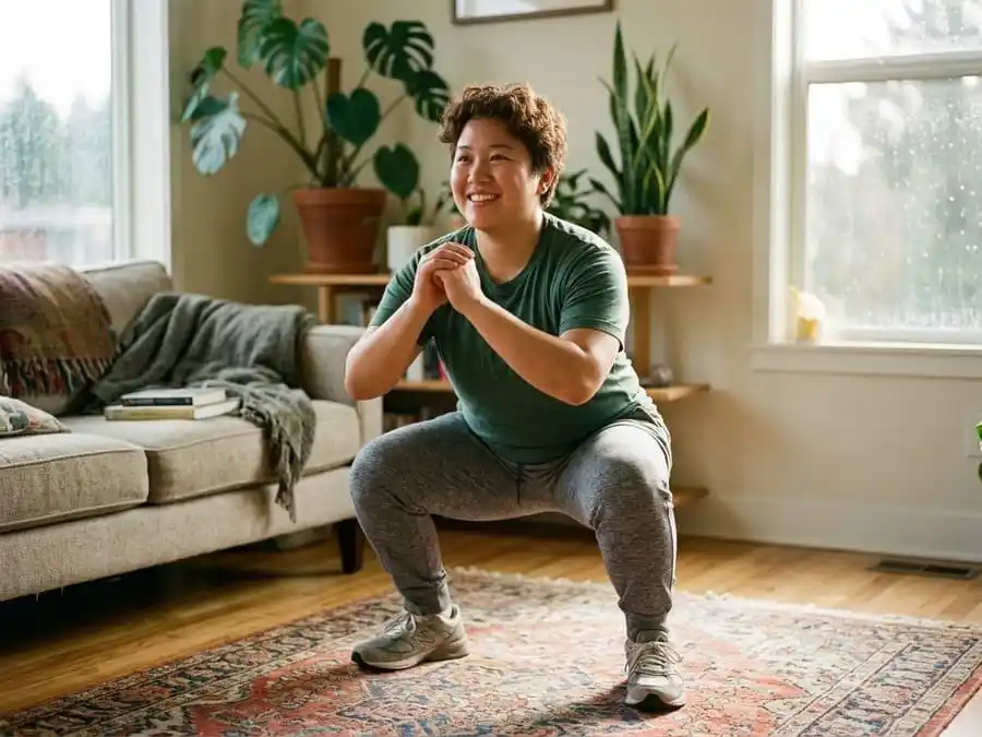 Imagem fotorealista inspiradora de uma pessoa (tipo de corpo diverso, iniciante) realizando um agachamento simples em uma sala de estar bem iluminada, sorrindo com confiança, com um raio de sol ao fundo.