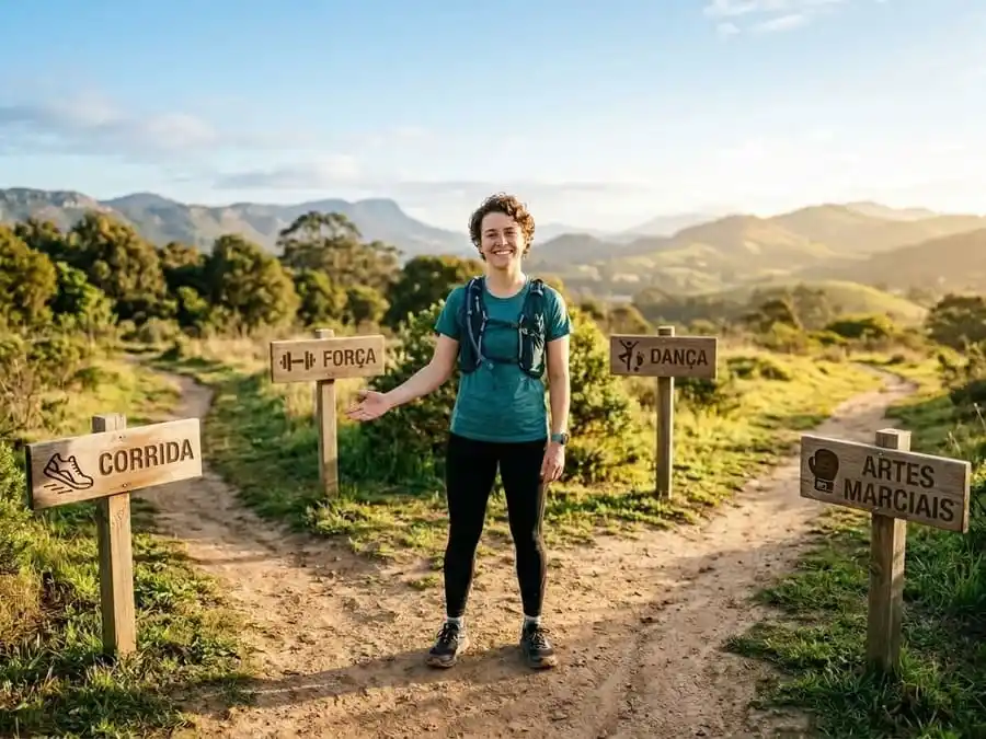 treinos para emagrecer - Imagem fotorealista inspiradora de uma pessoa sorridente em uma encruzilhada, com cada caminho marcado por um ícone de diferente tipo de exercício (tênis de corrida, haltere, luvas de luta), simbolizando a escolha do treino e o início da jornada.