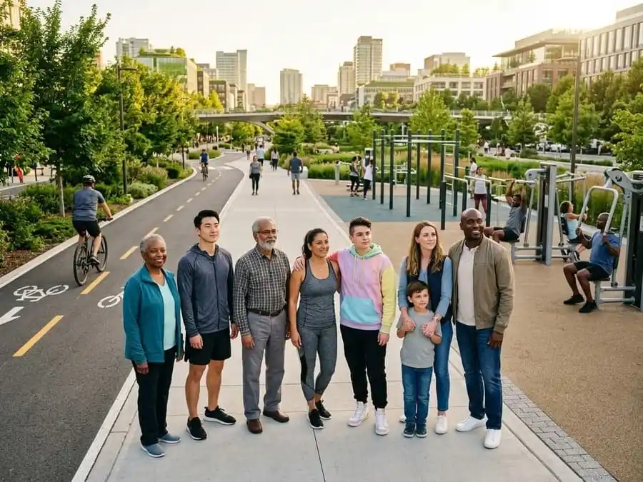 Imagem fotorealista e esperançosa de um grupo diversificado de pessoas em um caminho de parque urbano vibrante, olhando para um horizonte com arquitetura moderna e espaços verdes, simbolizando a ação coletiva por um urbanismo que promova o movimento.