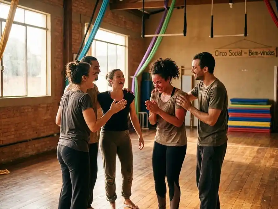 Grupo de adultos felizes e conectados em aula de circo ou pessoa com expressão de confiança após a prática, ambiente acolhedor brasileiro, representando benefícios mentais, sociais e emocionais da aula de circo.