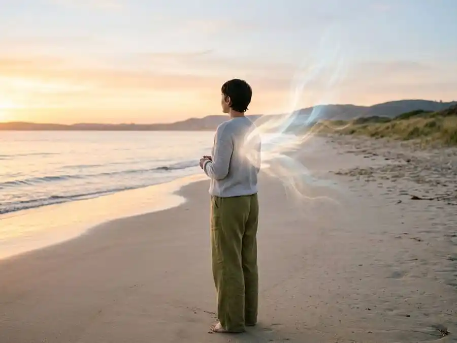 reprimir sentimentos afeta a saúde. Imagem esperançosa de uma pessoa em um ambiente natural sereno (campo ou perto da água), com luz suave emanando de suas costas, simbolizando a liberação emocional e a cura.