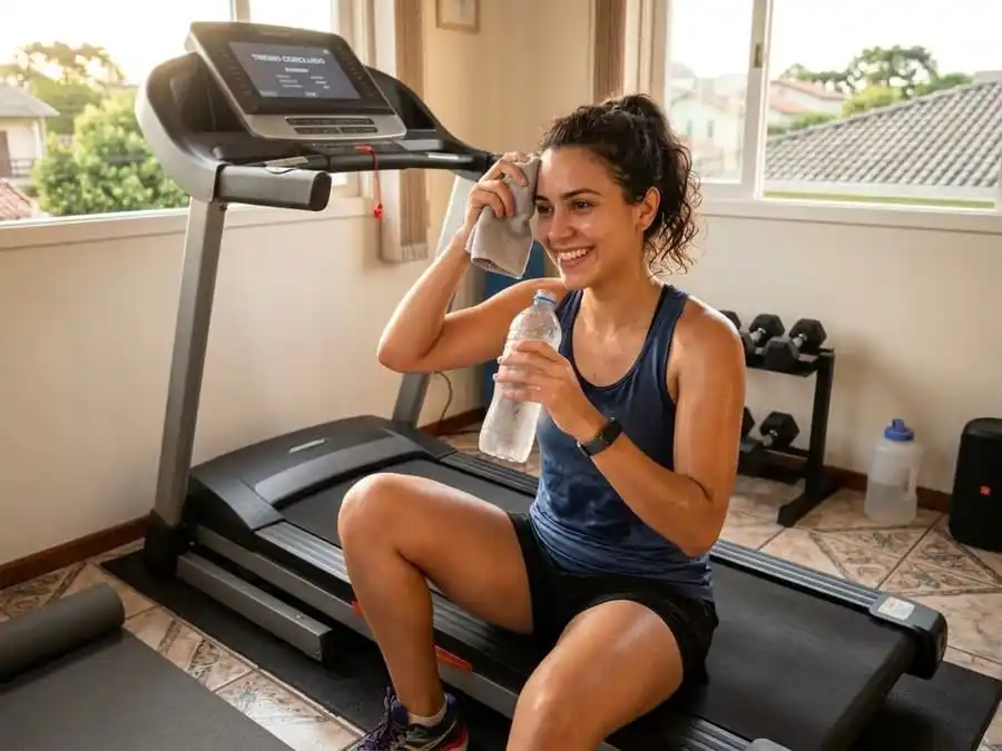 Pessoa após treino na esteira com expressão de conquista e energia, alongando ou bebendo água, luz natural suave em academia/casa brasileira, simbolizando evolução segura e benefícios da corrida para iniciantes.