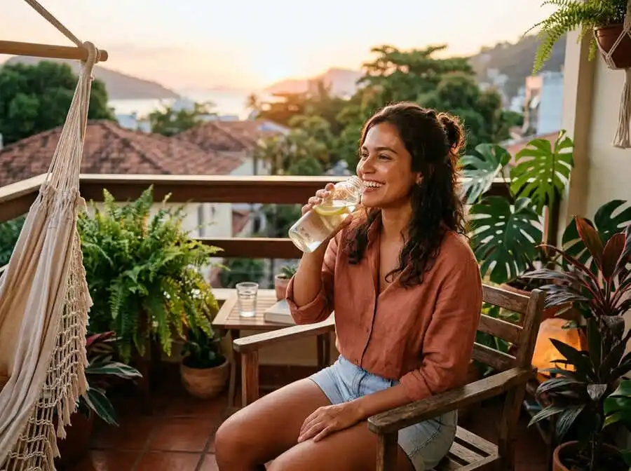 Pessoa com energia renovada e sorriso bebendo água ou em atividade leve, luz dourada do fim de tarde em ambiente brasileiro, simbolizando benefícios da hidratação consciente e corpo funcionando bem.