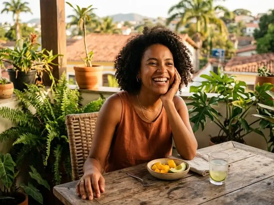 Pessoa sorrindo com energia após consumir manga e abacate, luz dourada do fim de tarde em varanda/cozinha brasileira, simbolizando bem-estar e proteção cardiovascular real.