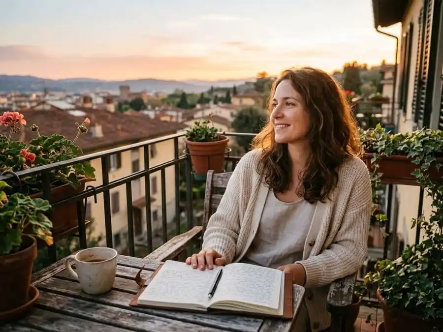Pessoa com expressão de alívio e leveza após escrever, luz dourada do fim de tarde em varanda brasileira, simbolizando liberdade emocional, resiliência e transformação através do hábito de escrita.