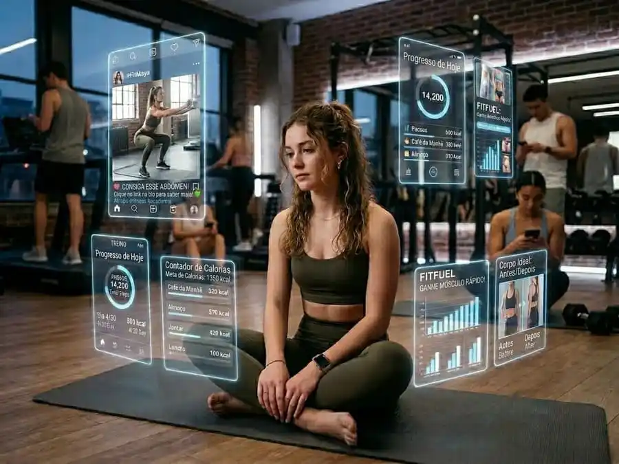 Jovem mulher da Geração Z em roupa de academia, sentada, com telas holográficas digitais sobrepostas mostrando conteúdo de fitness e wellness. Ao fundo, outras jovens se exercitam e usam celulares.