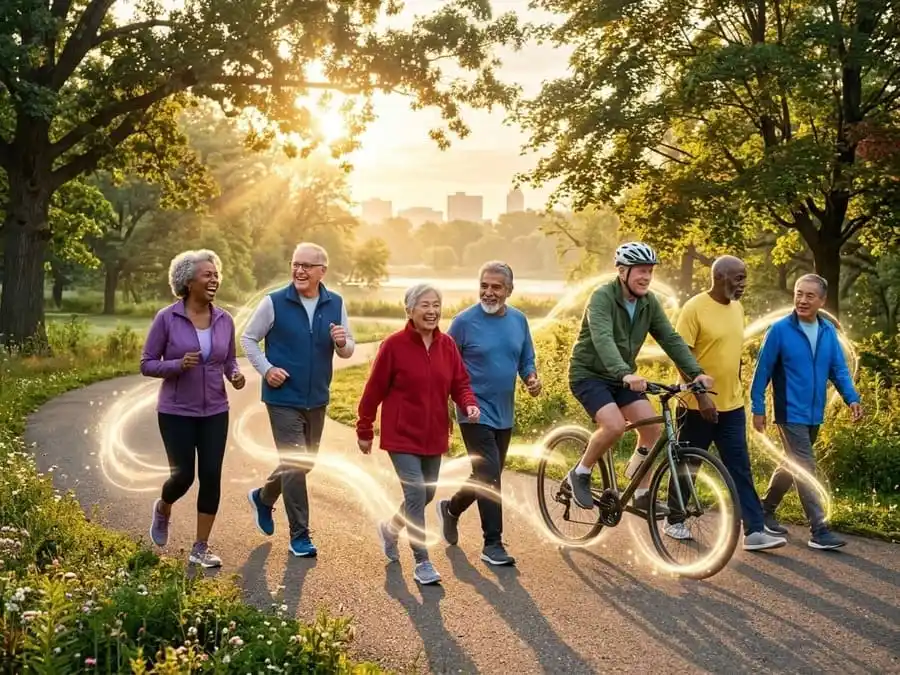 Grupo de idosos sorridentes e ativos, caminhando, correndo e pedalando em um parque iluminado pelo sol, com trilhas de luz mágica seguindo seus movimentos.