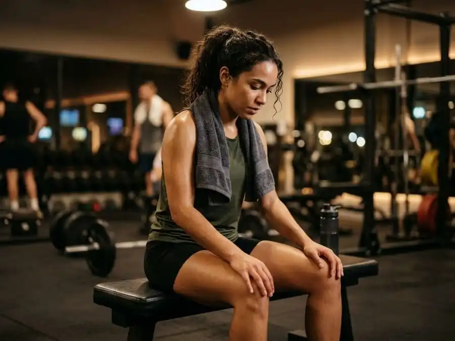 Atleta sentado em um banco de academia, fazendo uma pausa para respirar e descansar, demonstrando autoconsciência durante o treino.