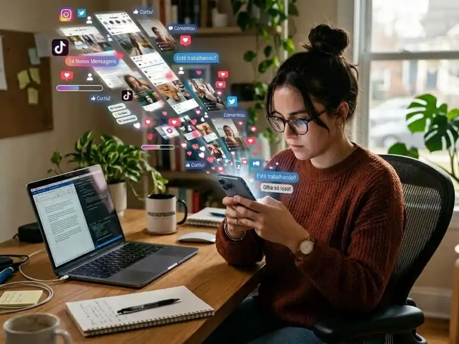 Pessoa tentando trabalhar no computador enquanto se distrai com notificações e redes sociais no celular.