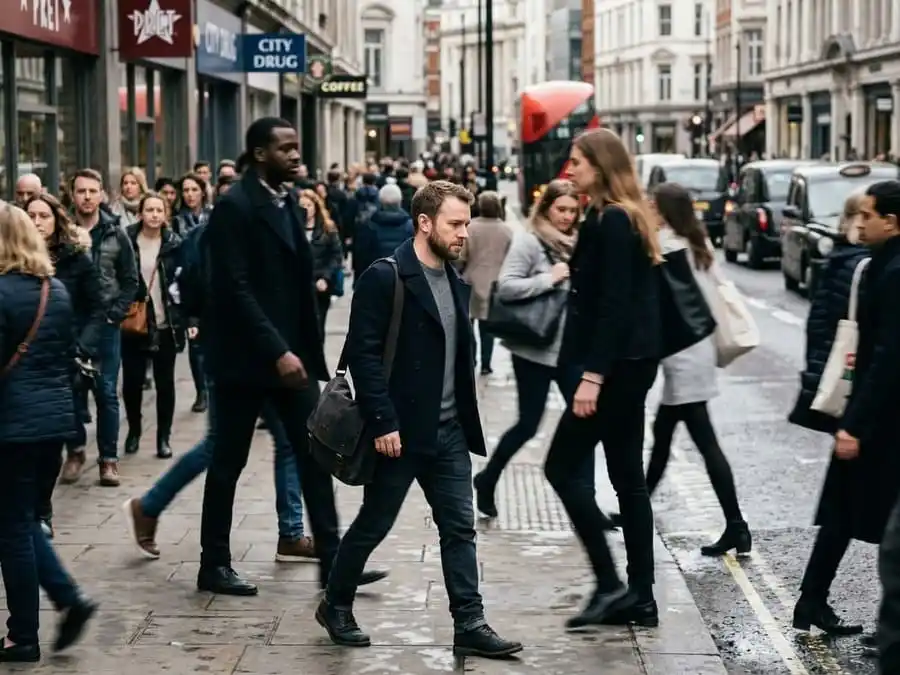 Homem de baixa estatura caminhando entre pessoas mais altas, representando a pressão social relacionada à altura masculina.