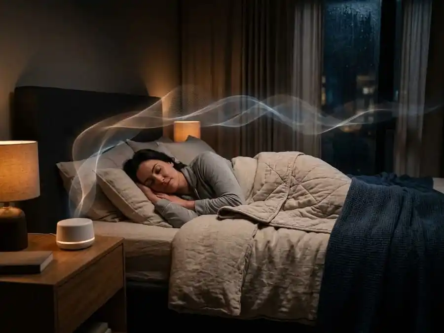 Pessoa dormindo profundamente em um quarto silencioso com representação visual de ruído branco.