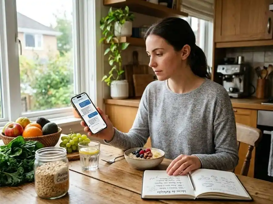 Pessoa analisando um plano alimentar gerado por inteligência artificial no celular.