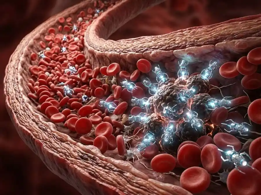 Nanopartículas viajando pela corrente sanguínea em direção a células doentes.
