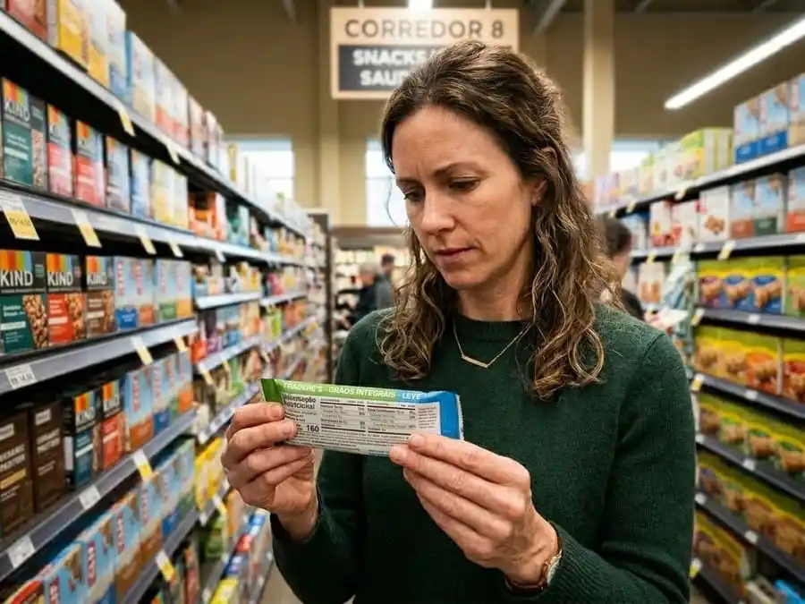 Pessoa lendo o rótulo de uma barrinha de cereal em um supermercado.