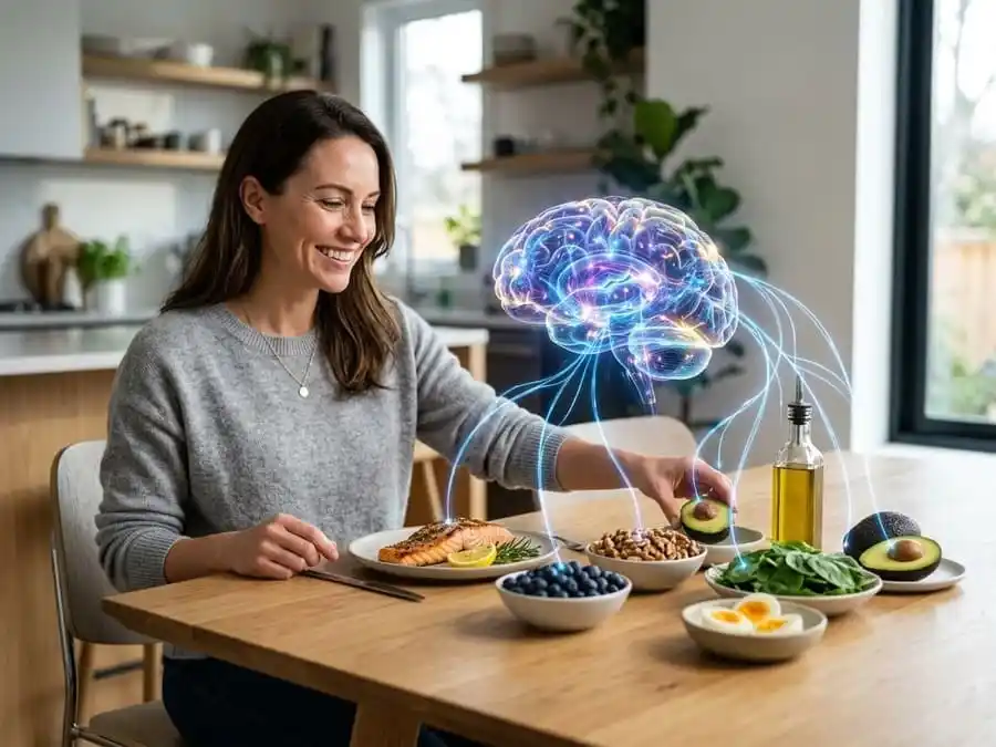 Pessoa escolhendo alimentos saudáveis enquanto uma ilustração de cérebro simboliza memória e saúde cognitiva.