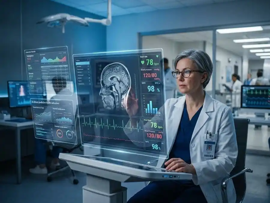 Médico analisando dados de saúde em painel digital com inteligência artificial.