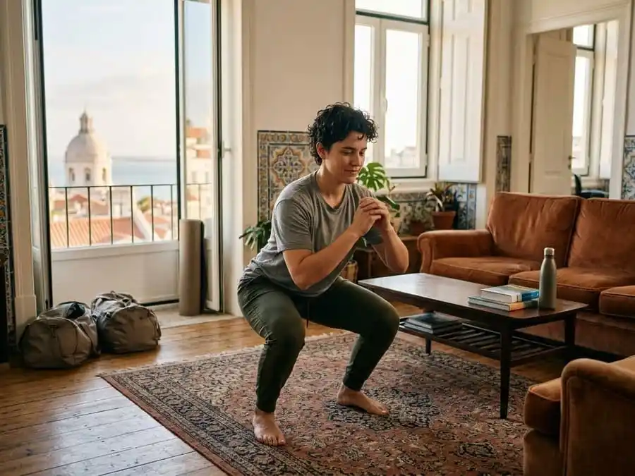 Pessoa fazendo agachamento/prancha com peso corporal em varanda de hotel com vista para a cidade, ou sala de Airbnb, sem equipamento.