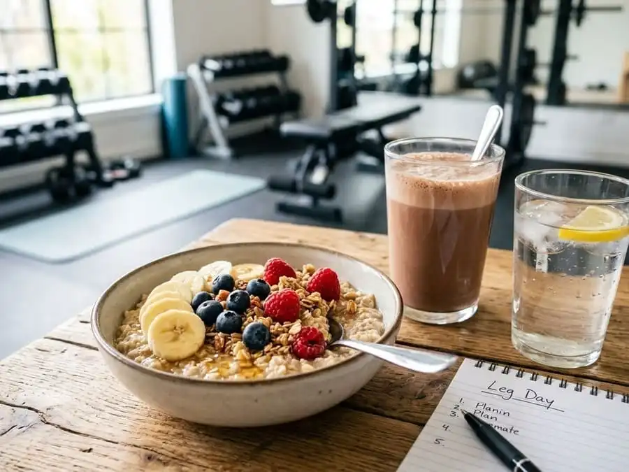 Alimentos nutritivos e um copo de água dispostos sobre uma mesa, representando a importância da nutrição para prevenir a fadiga.