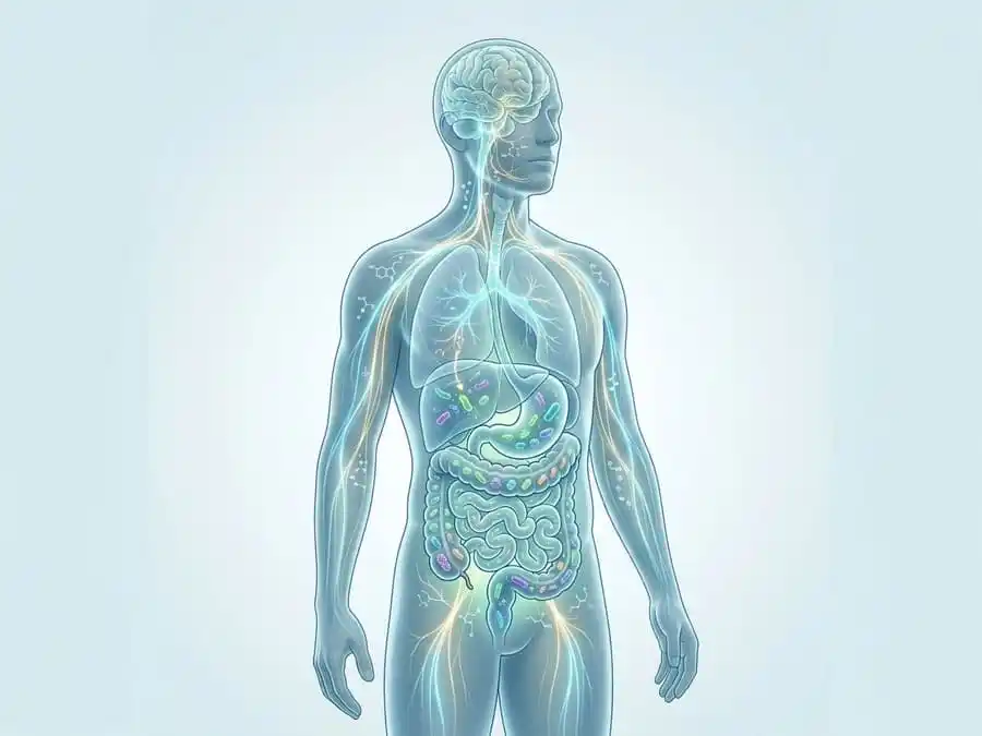 Alimentação e saúde mental. Ilustração mostrando a conexão entre intestino, cérebro e saúde emocional.