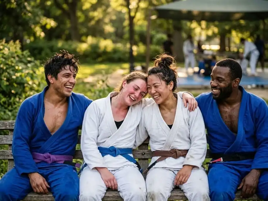 Quatro pessoas em quimonos de jiu-jitsu sentadas em um banco de parque, sorrindo e rindo após um treino. Eles estão suados e parecem satisfeitos.