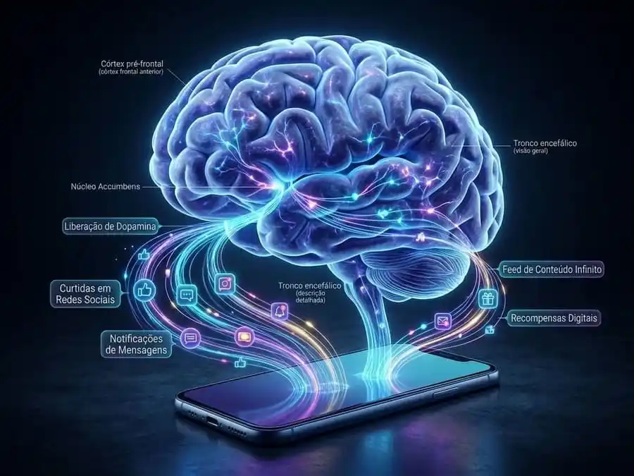 Ilustração de cérebro conectado a smartphone representando dopamina, recompensas digitais e scrolling infinito.