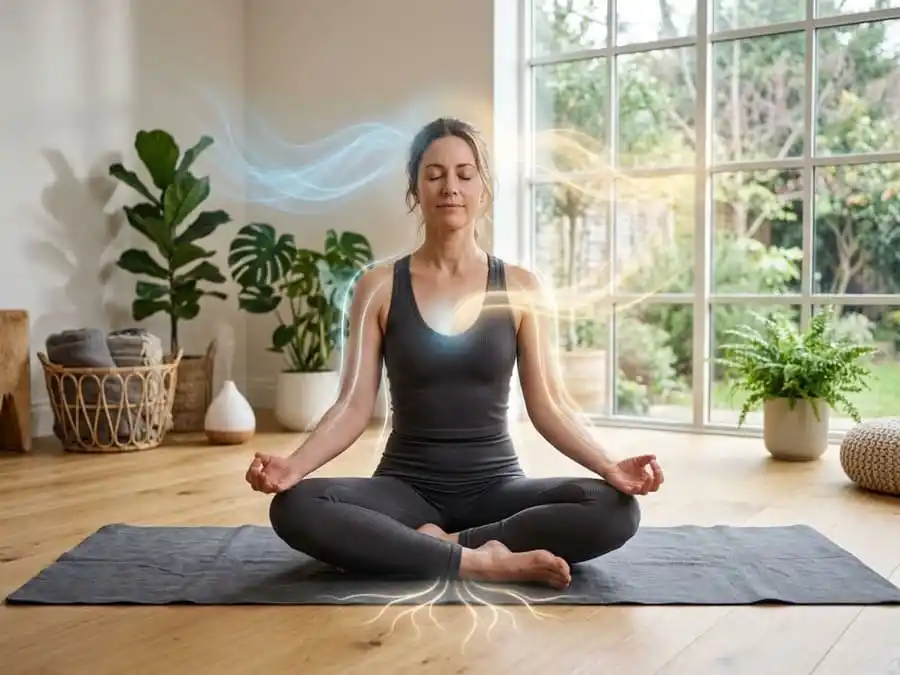 Pessoa meditando durante prática de yoga em ambiente calmo e iluminado.