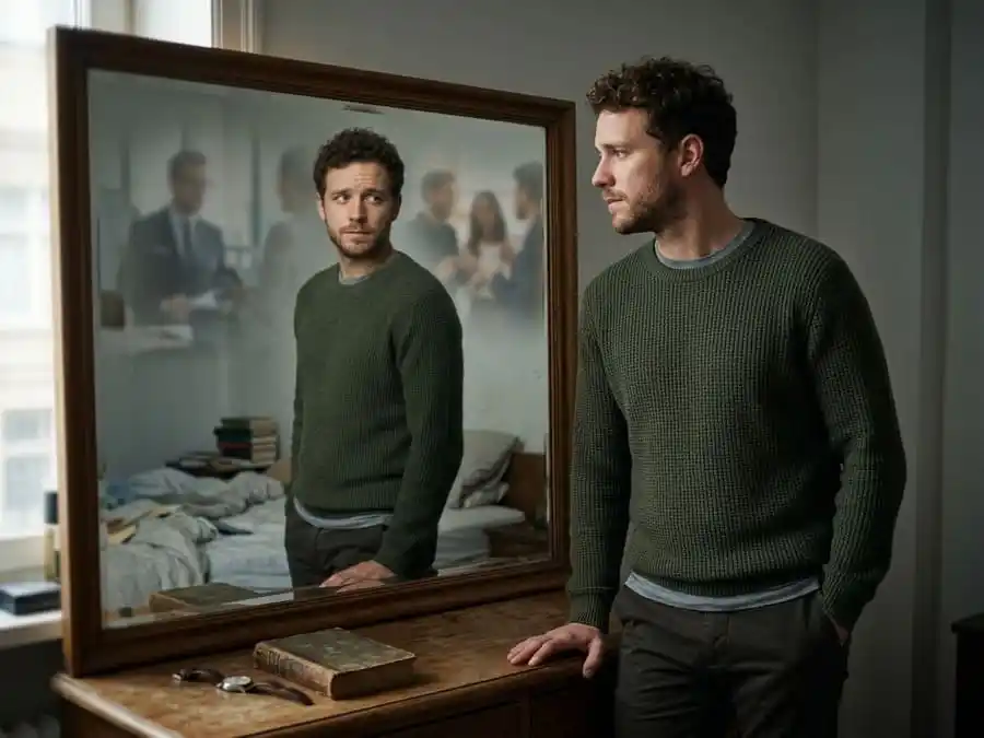 Homem olhando para o espelho refletindo sobre autoestima, autoimagem e padrões de altura masculina.