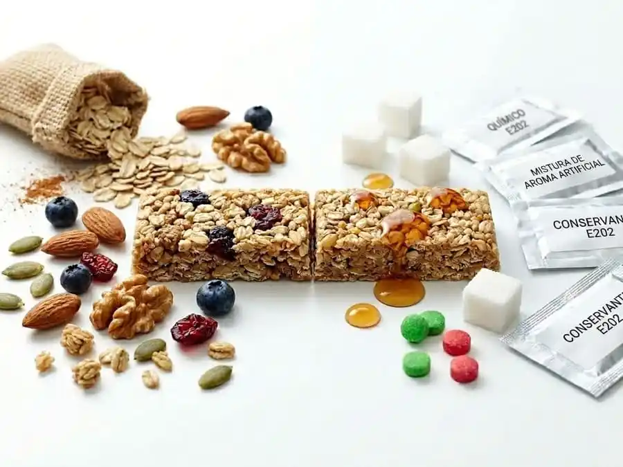 Barrinha de cereal cortada ao meio mostrando ingredientes naturais e açúcar escondido.