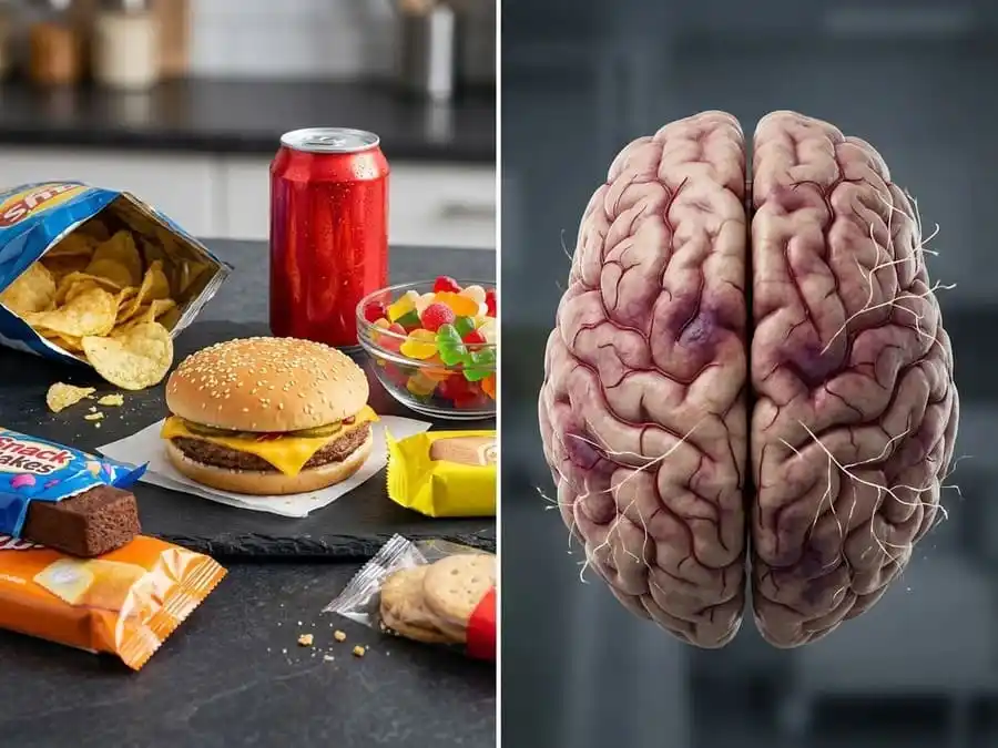 Dieta e Memória. Mesa com refrigerantes, salgadinhos e fast food ao lado de representação de cérebro inflamado.