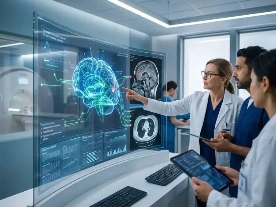 Big Data na Saúde. Sistema de inteligência artificial analisando exames médicos para diagnóstico precoce.