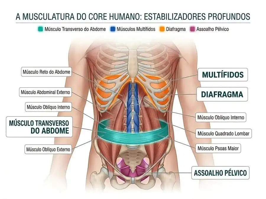 Ilustração anatômica mostrando os músculos profundos que formam o core.