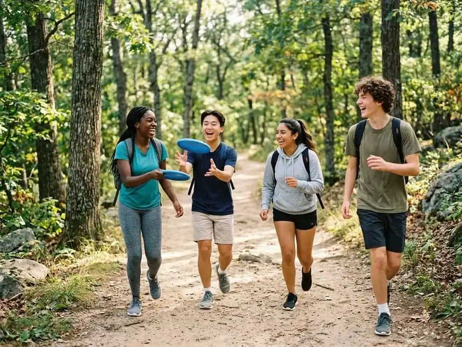 Grupo de adolescentes da Geração Z, diversos e sorrindo, praticando atividades ao ar livre como andar de bicicleta ou jogar frisbee em um parque ensolarado.