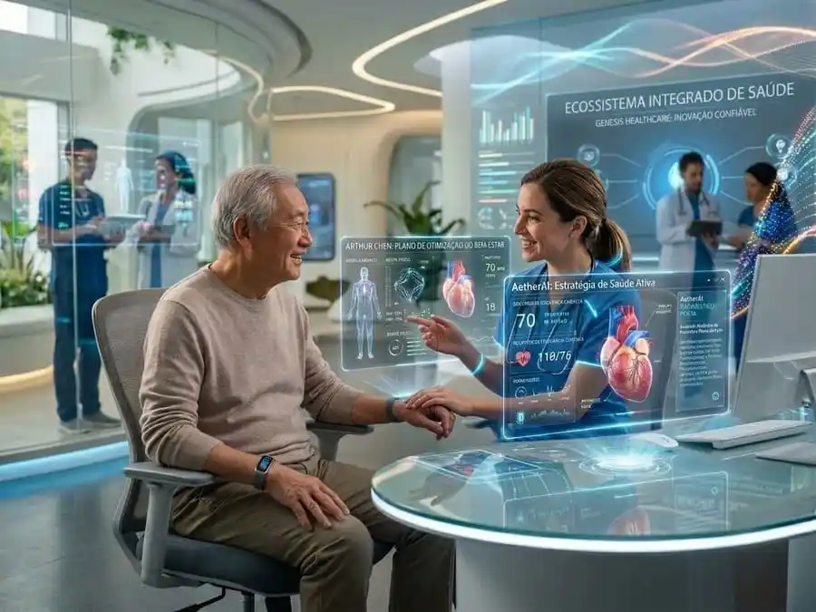 Big Data na Saúde. Paciente e médico conectados por tecnologia digital representando o futuro da saúde.