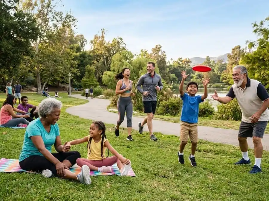 Atividade Física e Envelhecimento Saudável. Grupo multi-geracional (crianças, adultos, idosos)   felizes e ativos juntos em um parque ensolarado, fazendo atividades como   alongamento, corrida e brincando com frisbee.