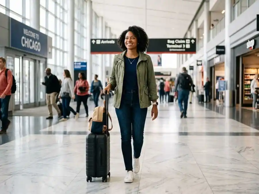 Rotina Fitness em Viagem. Pessoa com energia renovada e mochila leve caminhando em terminal de aeroporto ou chegando em casa, com expressão satisfeita.