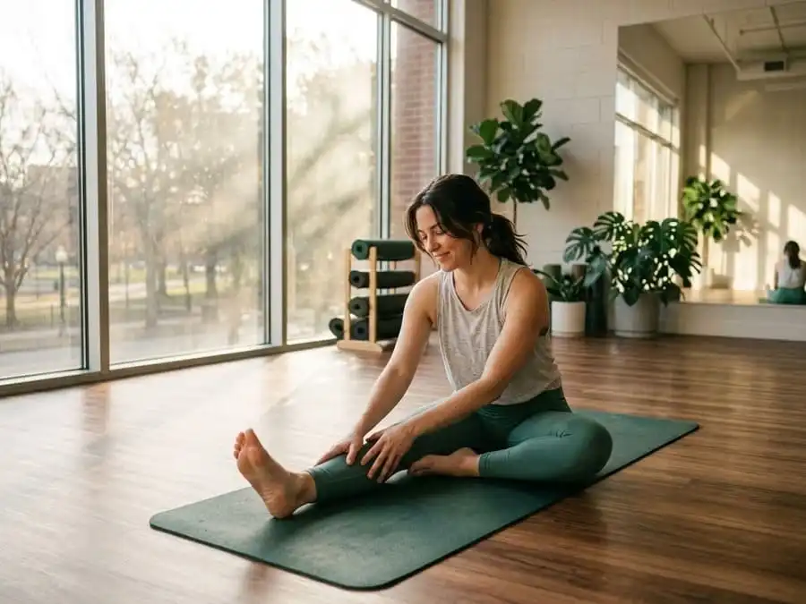 Pessoa fazendo alongamento em um tapete de yoga em uma sala iluminada, sorrindo, demonstrando bem-estar pós-treino.