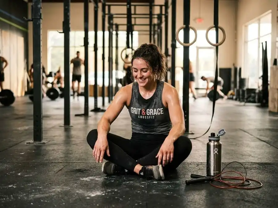 Atleta sentado no chão de uma academia de CrossFit após o treino, exausto mas satisfeito, com equipamentos como argolas e corda ao fundo.