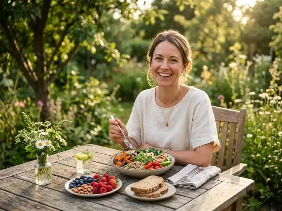 Alimentação e saúde mental. Pessoa fazendo uma refeição saudável e equilibrada em um ambiente tranquilo e agradável.