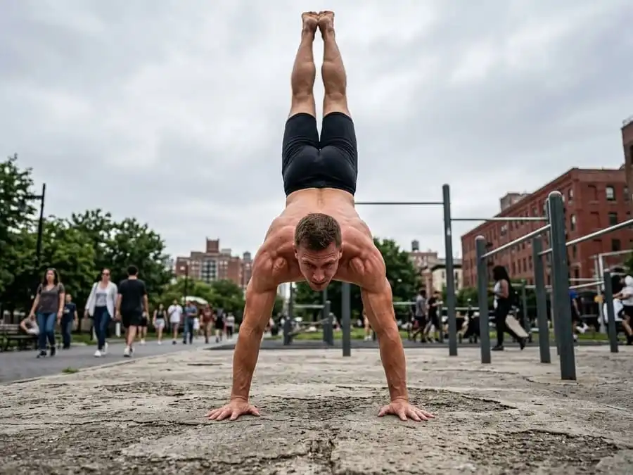 Modalidades diferentes. Um homem musculoso fazendo uma parada de mão perfeita no chão de concreto de um parque urbano. Seus músculos estão definidos pela força do movimento.