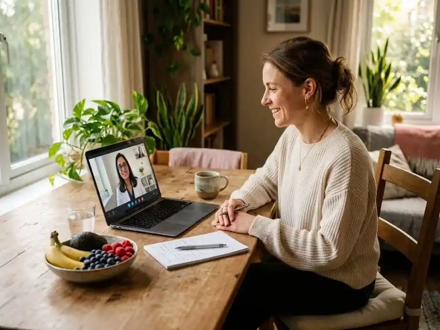 Pessoa participando de consulta nutricional online com apoio de ferramentas digitais.