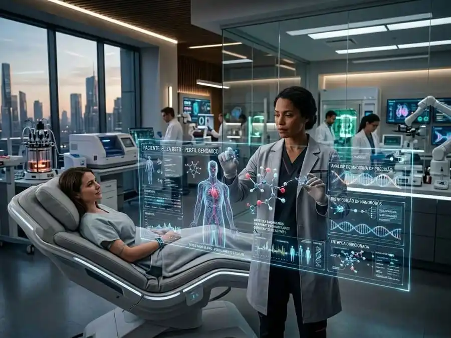 Médico utilizando tecnologias avançadas de medicina personalizada baseadas em nanotecnologia.